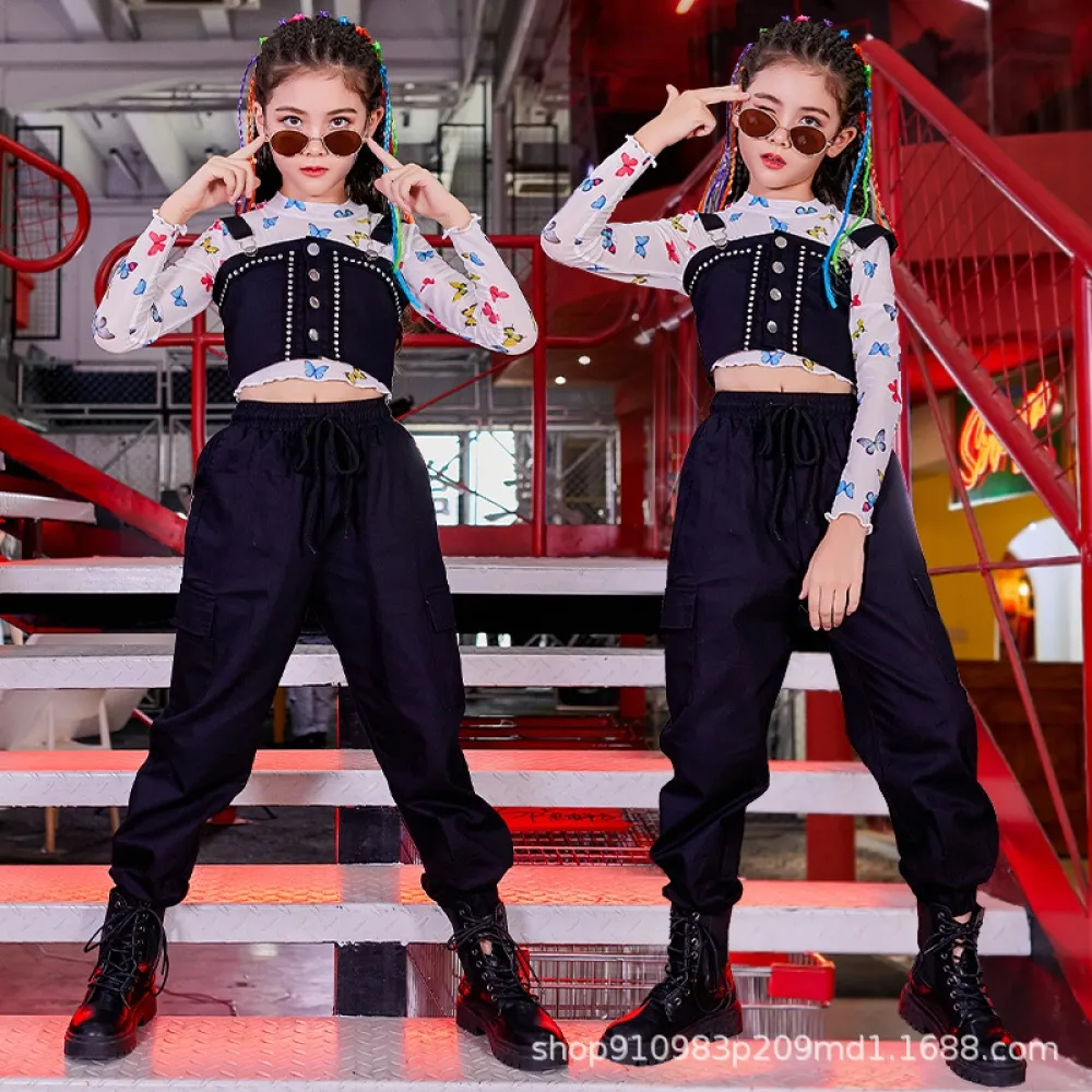 Abito da ballo di strada alla moda per ragazze, abbigliamento alla moda per spettacoli hip-hop, tuta corta per bambini, artista