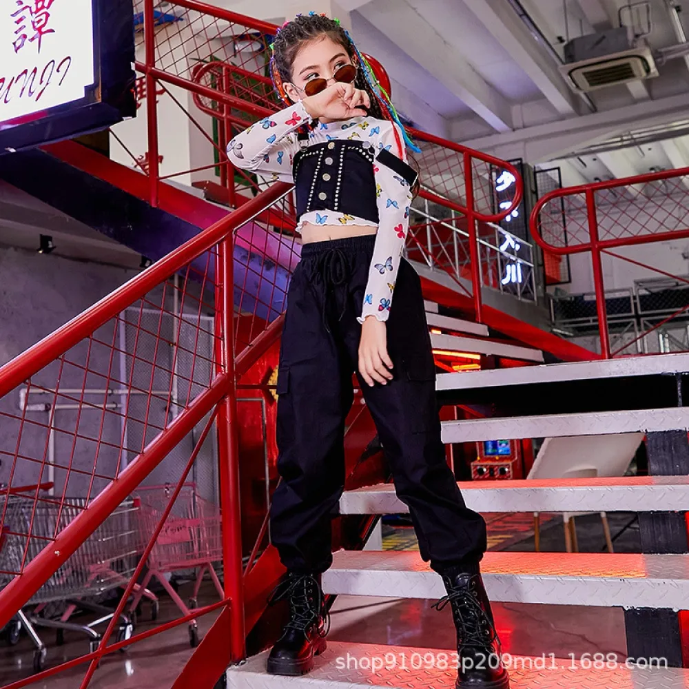 Abito da ballo di strada alla moda per ragazze, abbigliamento alla moda per spettacoli hip-hop, tuta corta per bambini, artista