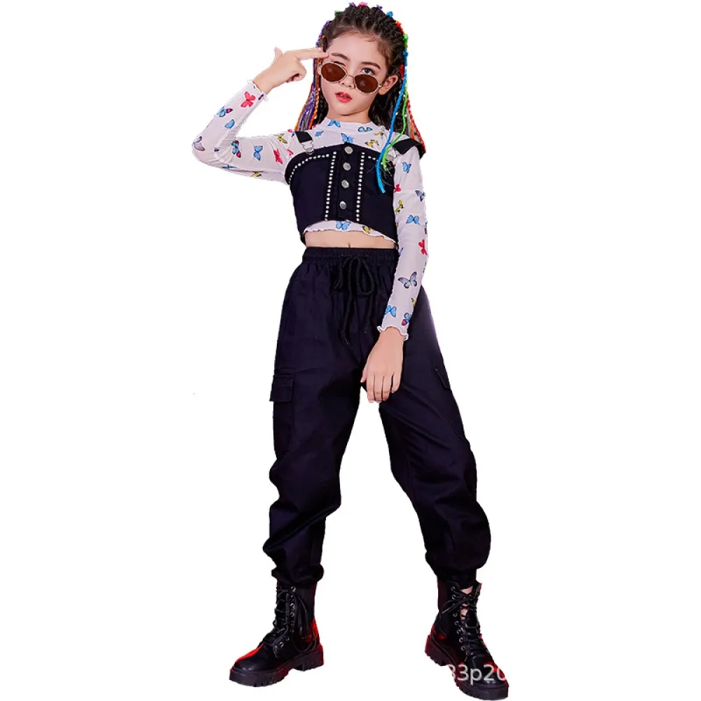 Abito da ballo di strada alla moda per ragazze, abbigliamento alla moda per spettacoli hip-hop, tuta corta per bambini, artista