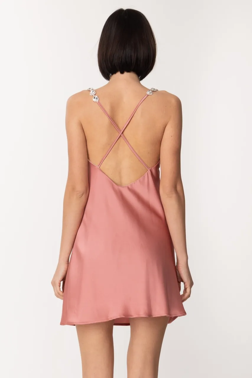 Abito in raso con bretelle gioiello ROSA ANTICO