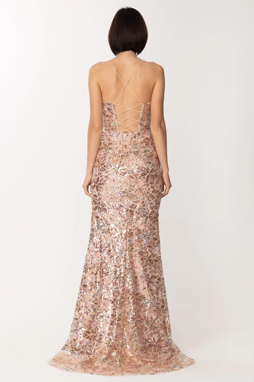 Abito lungo con paillettes e accessorio di piume Rosa