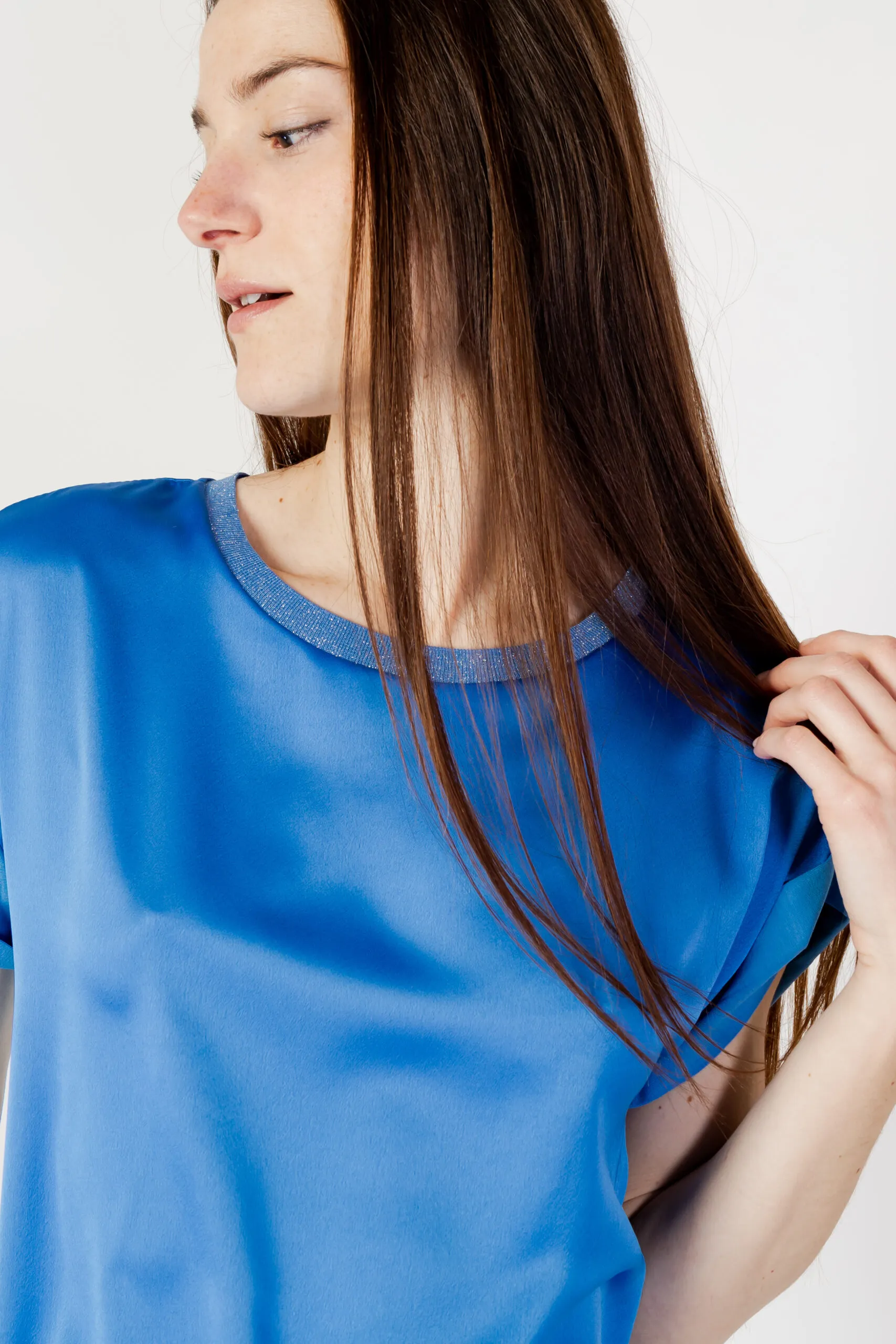 Blusa manica corta Hanny Deep tinta unita satin Azzurro
