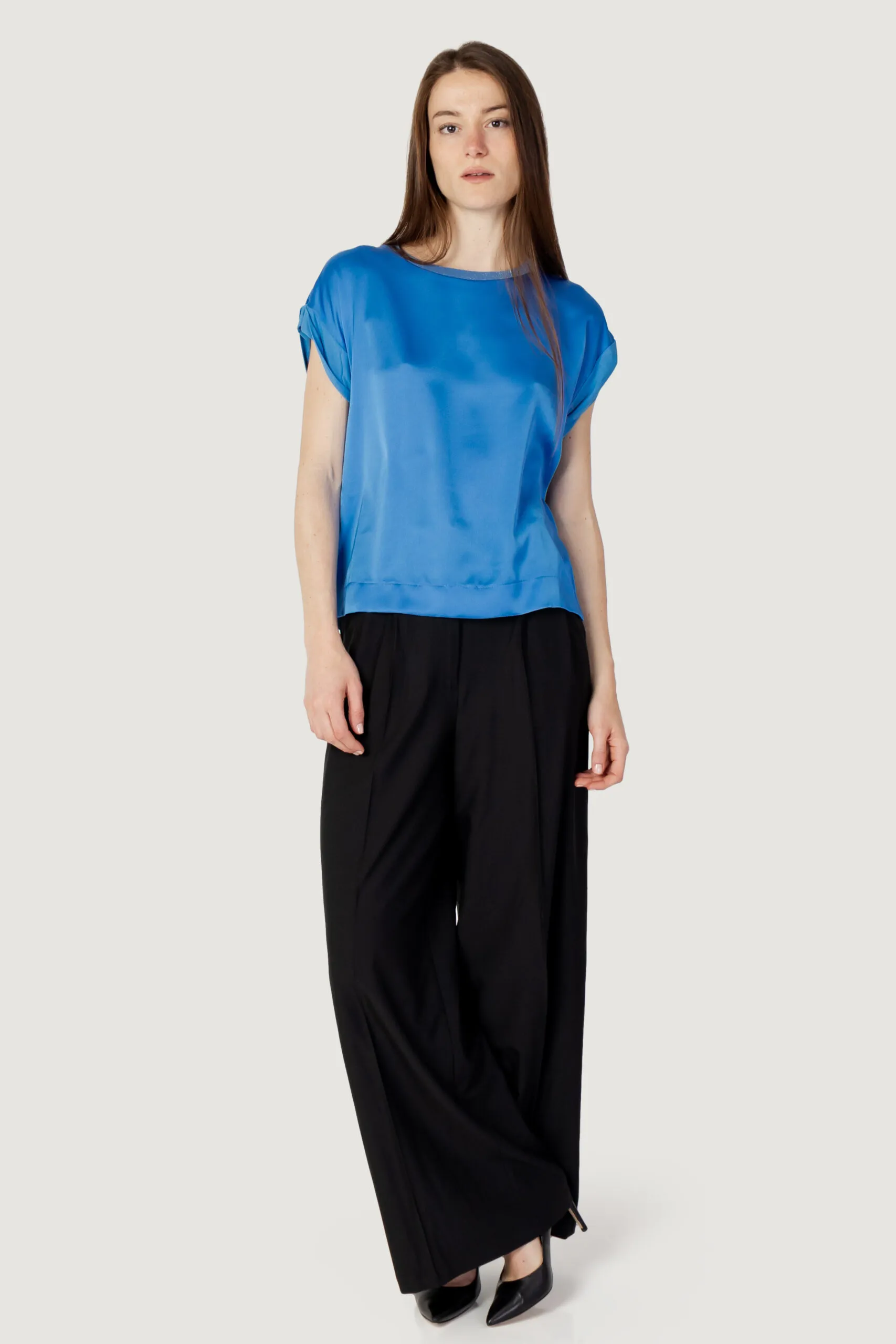 Blusa manica corta Hanny Deep tinta unita satin Azzurro
