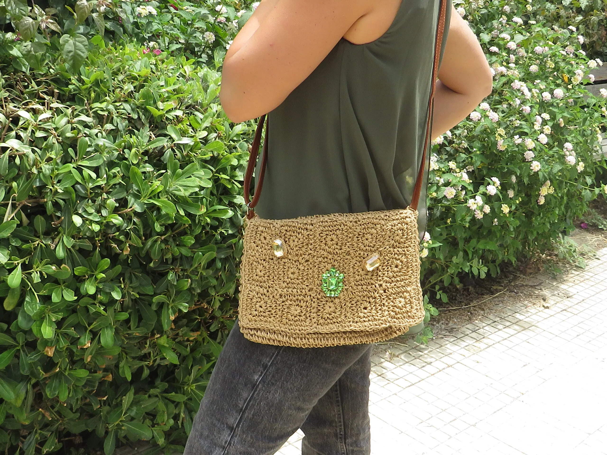 Borsa a Tracolla in Palma Nana con Cristalli Colorati