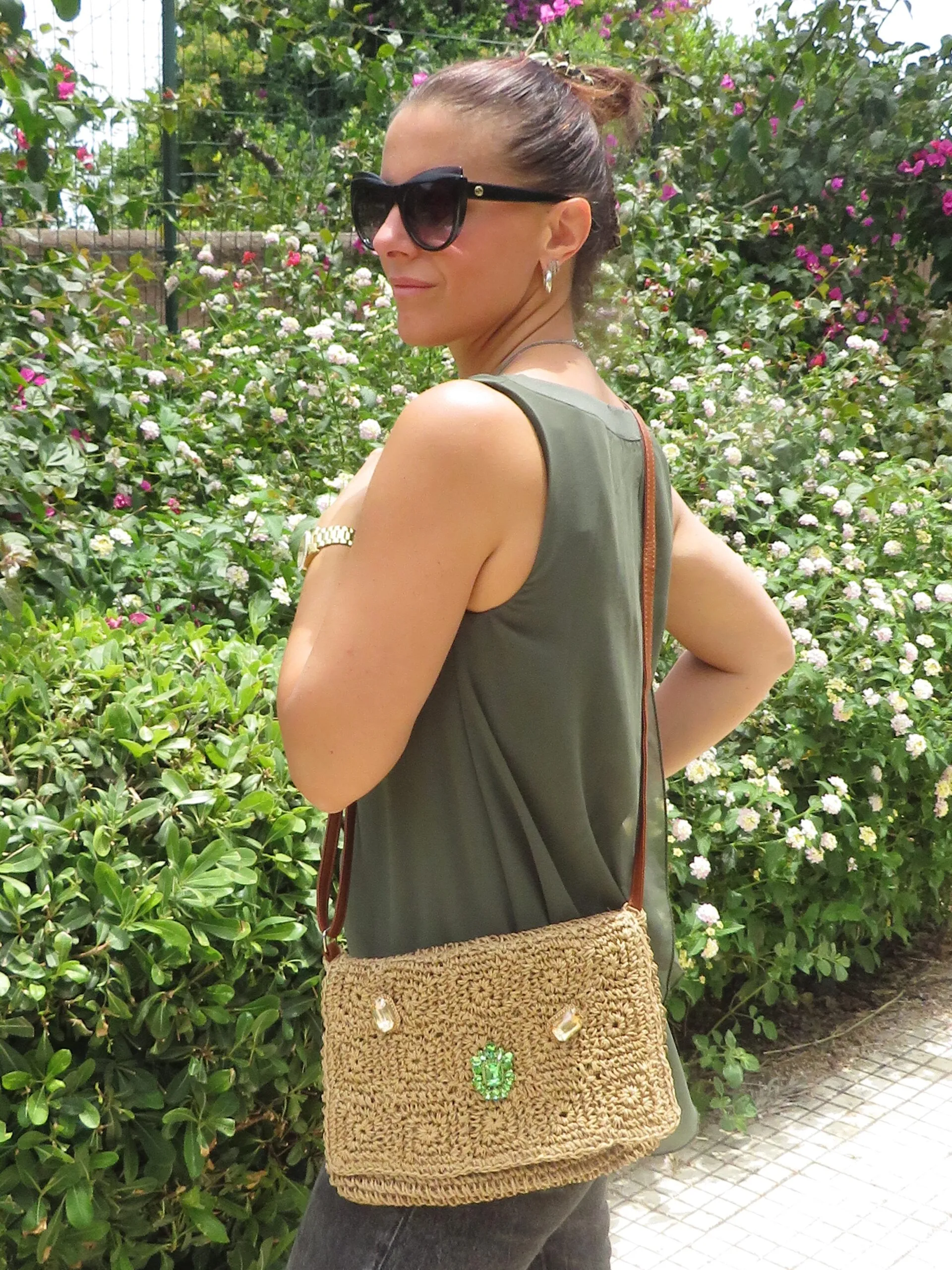 Borsa a Tracolla in Palma Nana con Cristalli Colorati