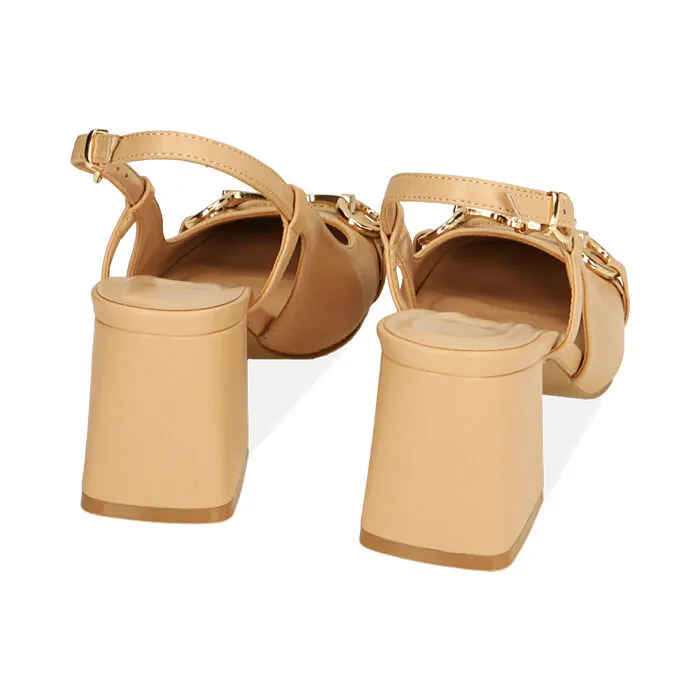 Décolleté slingback beige con staffa, tacco 6,5 cm