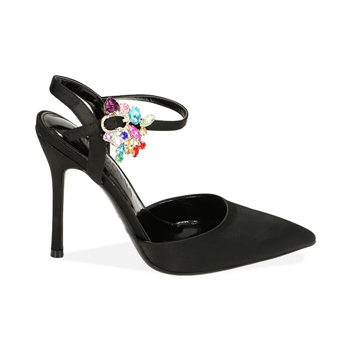 Décolleté slingback nere in raso, tacco 10,5 cm