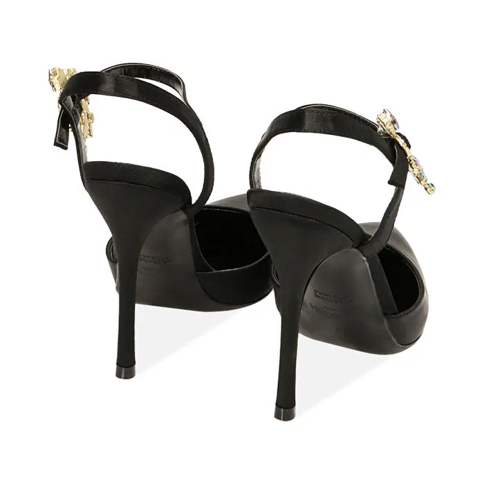 Décolleté slingback nere in raso, tacco 10,5 cm