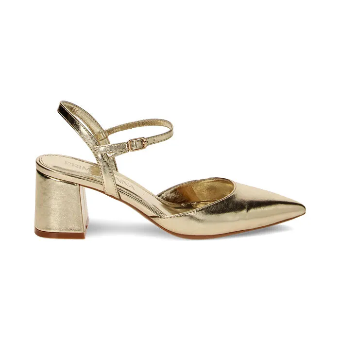 Décolleté slingback oro laminate, tacco 6 cm