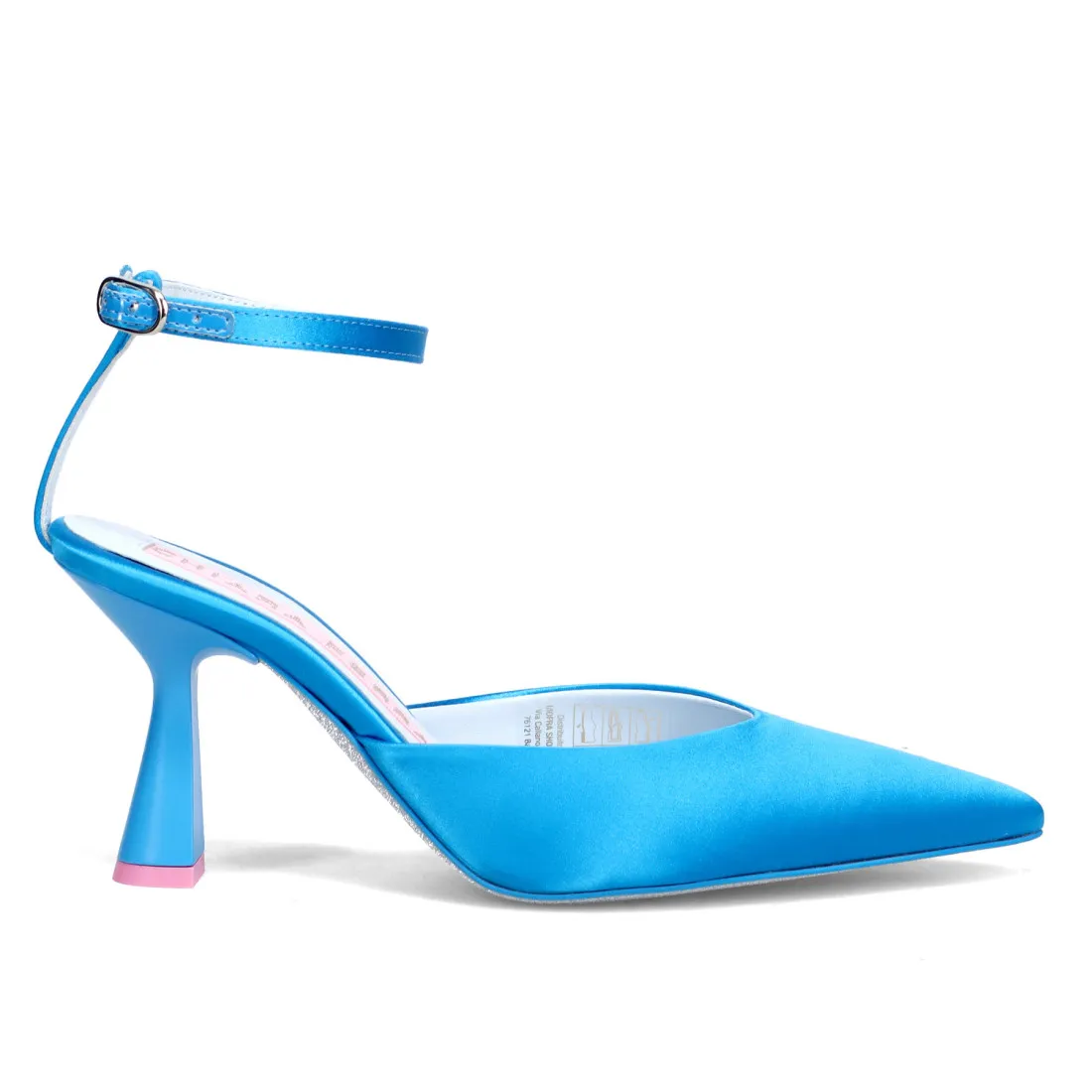 Décolleté Chiara Ferragni in raso azzurro con tacco medio e cinturino