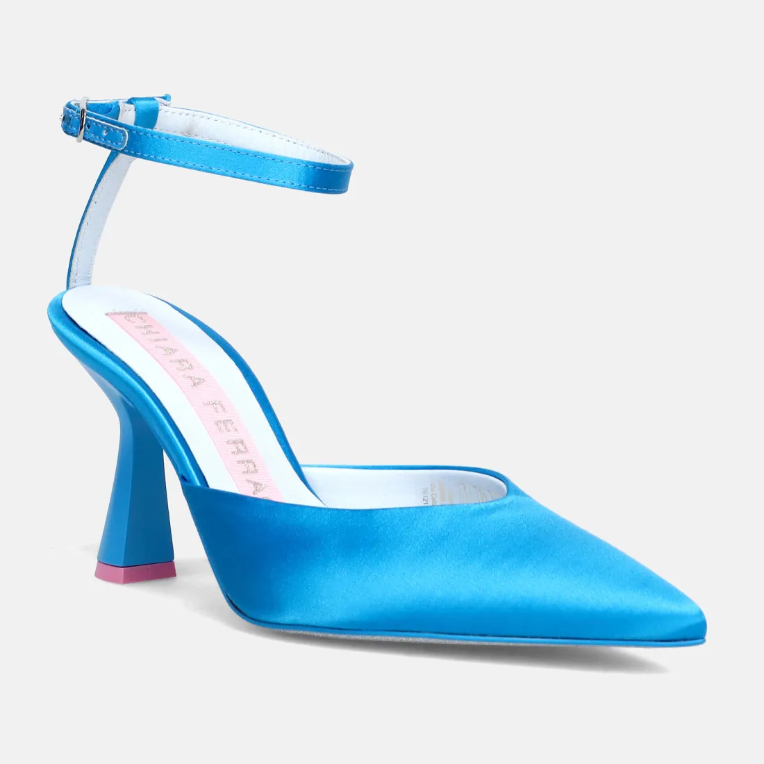 Décolleté Chiara Ferragni in raso azzurro con tacco medio e cinturino