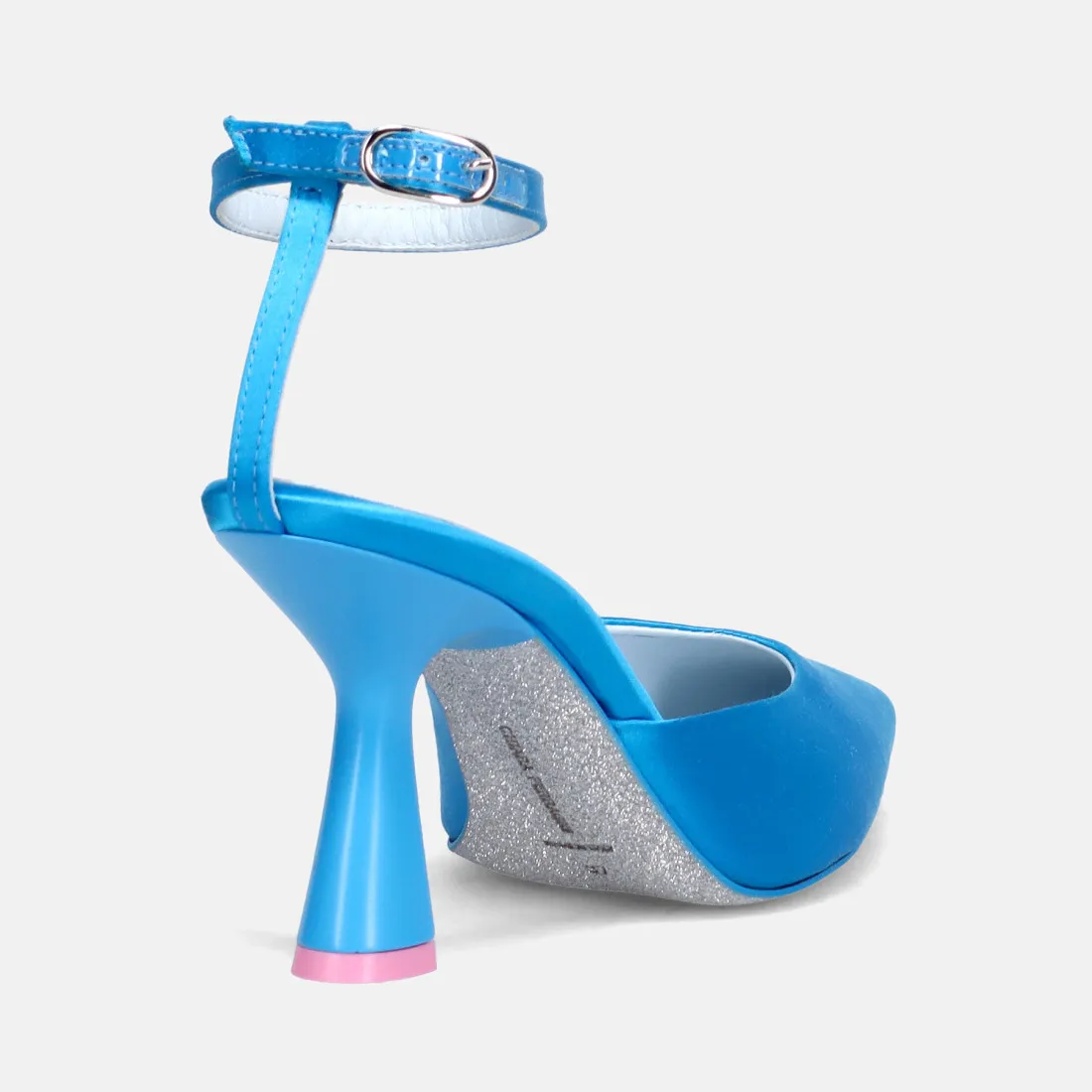 Décolleté Chiara Ferragni in raso azzurro con tacco medio e cinturino