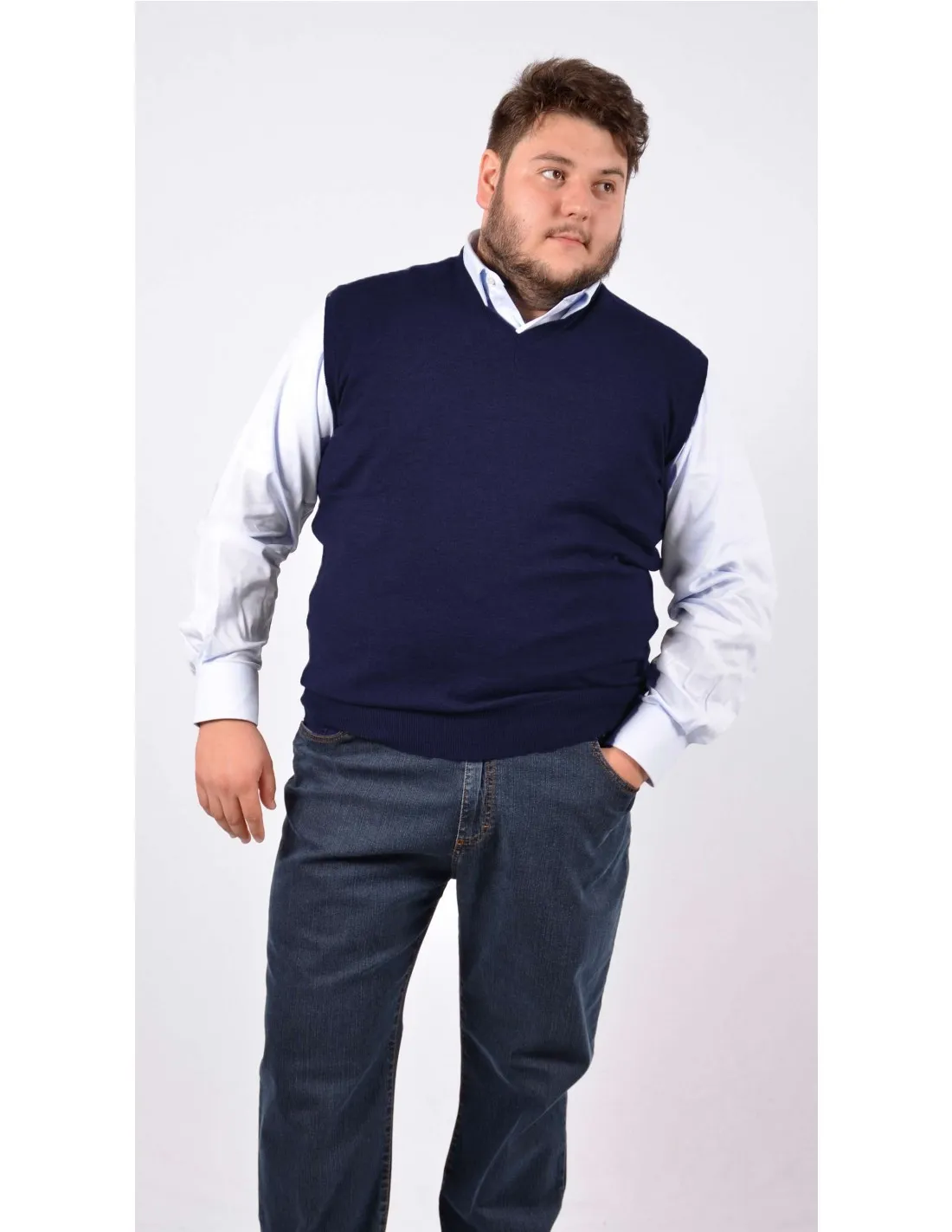 Maglia collo v sm lana blu taglie forti
