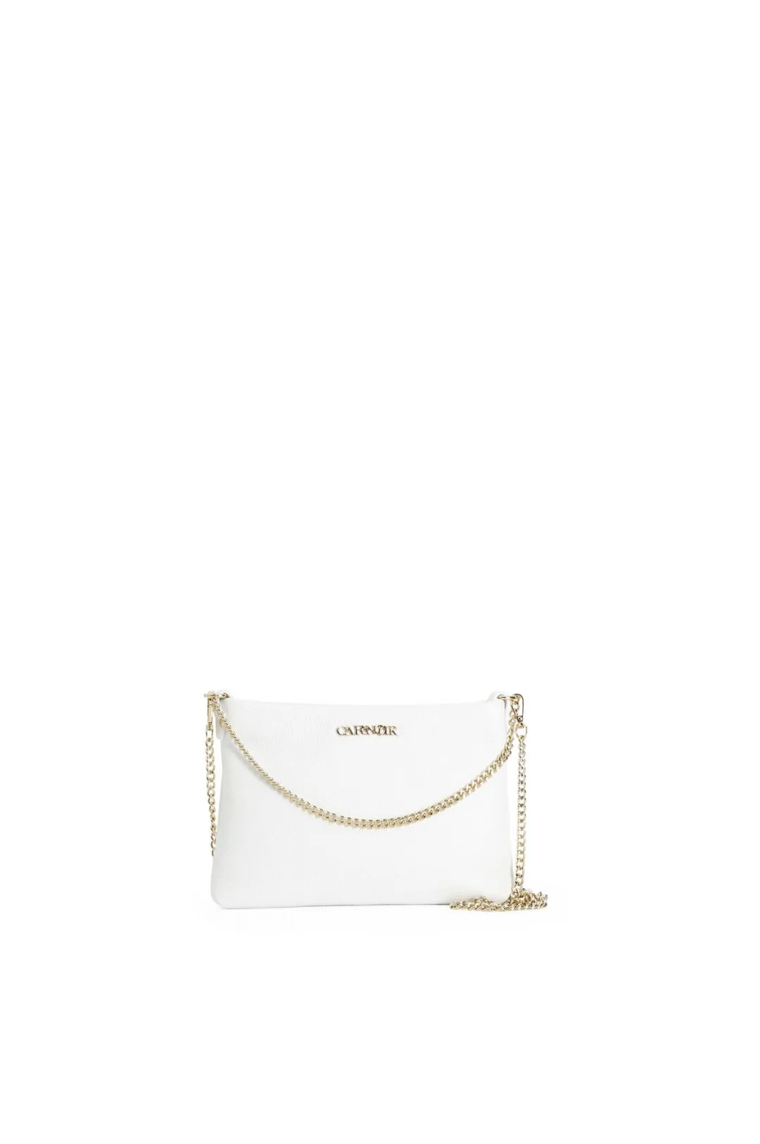 pochette in pelle martellata con tracolle in catena bianco