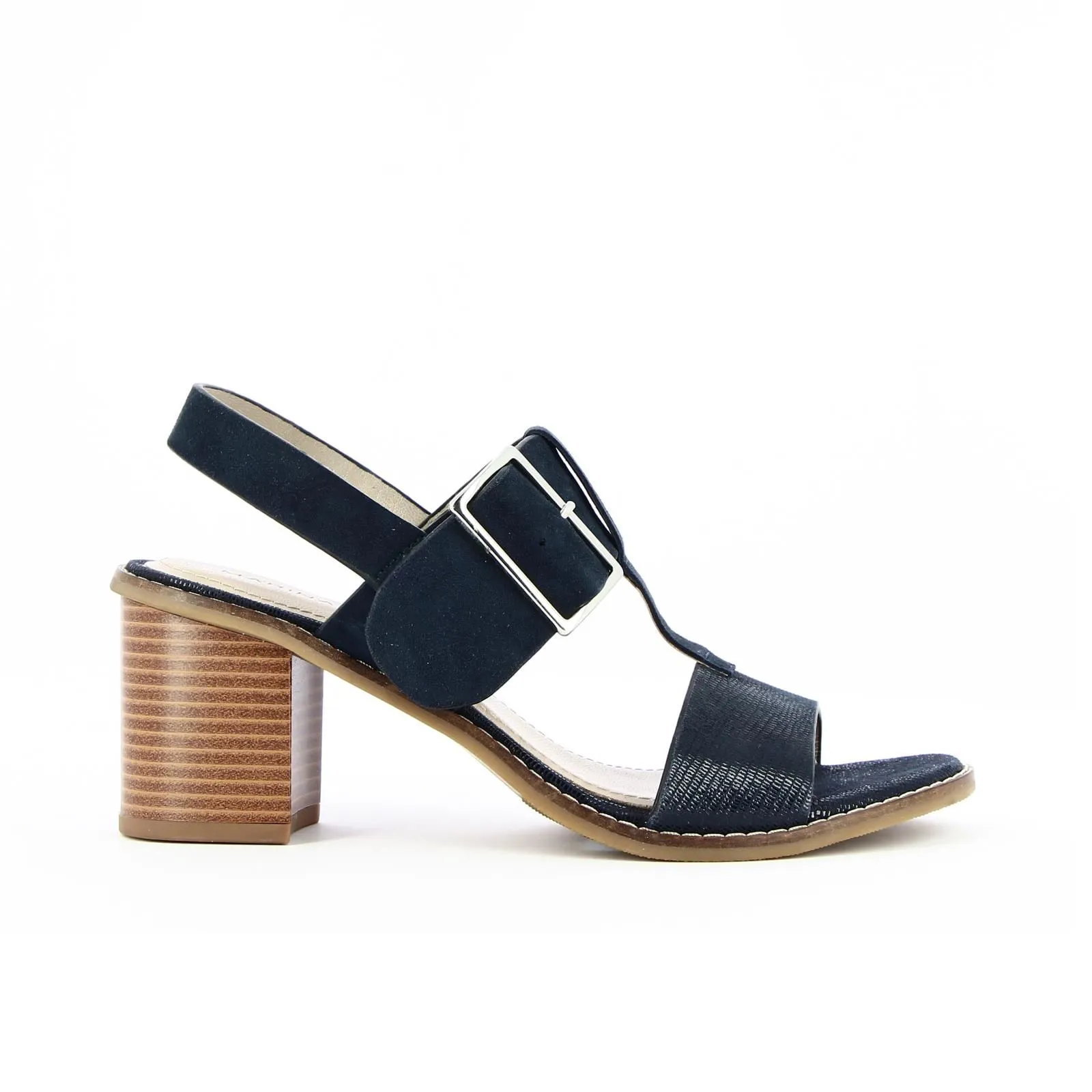 Sandali con tacco largo blu in pelle con maxi fibbia