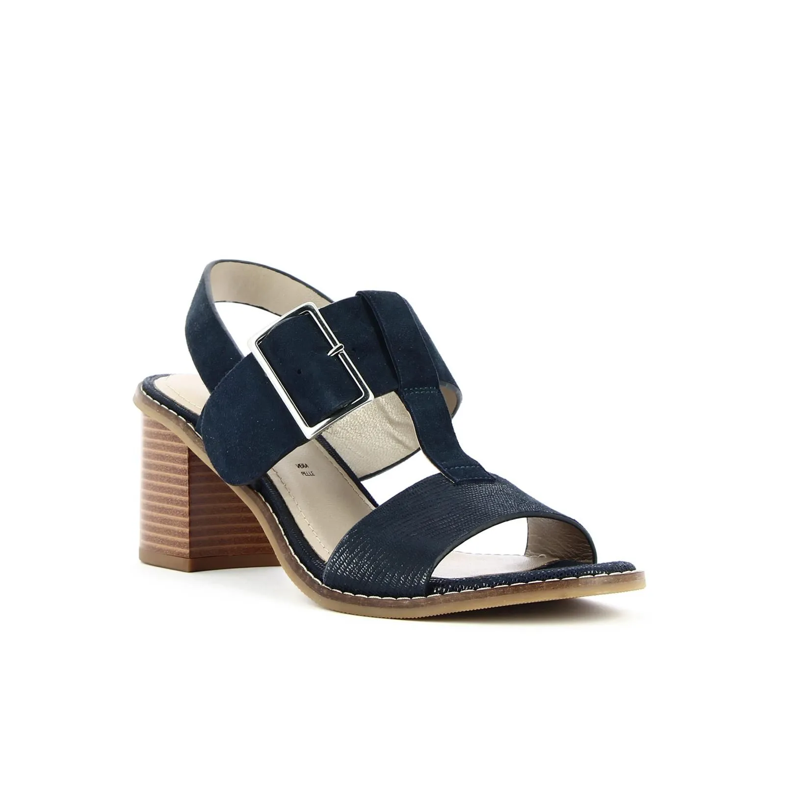 Sandali con tacco largo blu in pelle con maxi fibbia