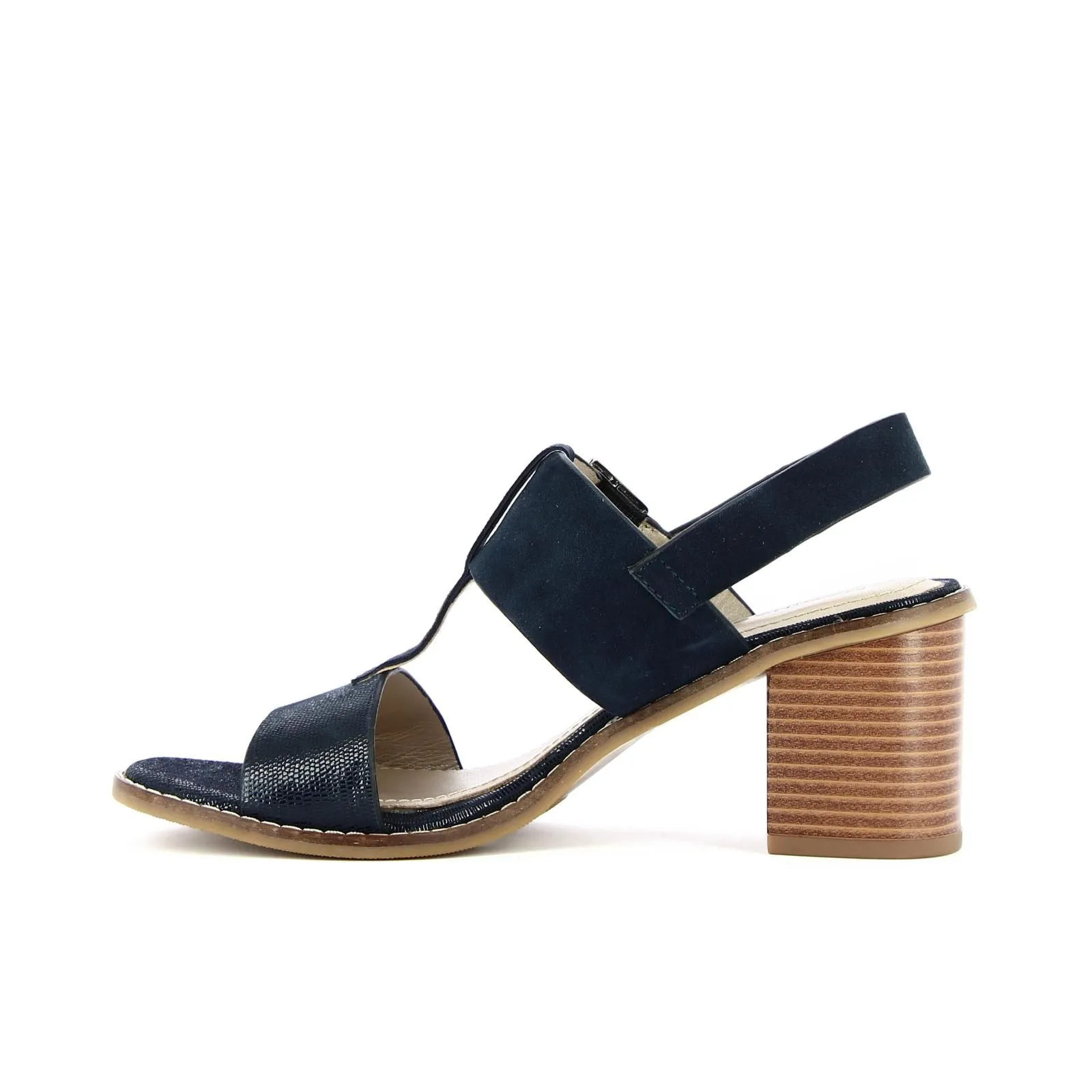 Sandali con tacco largo blu in pelle con maxi fibbia