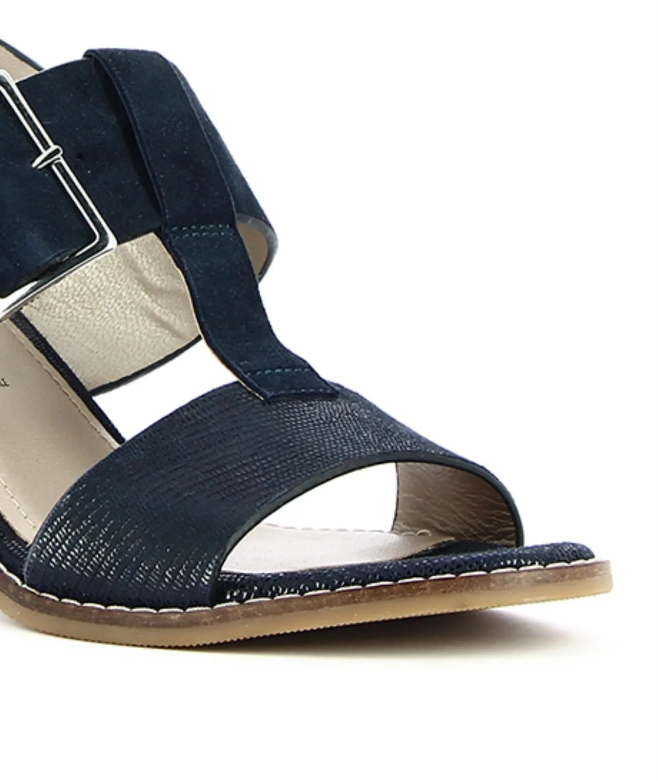 Sandali con tacco largo blu in pelle con maxi fibbia