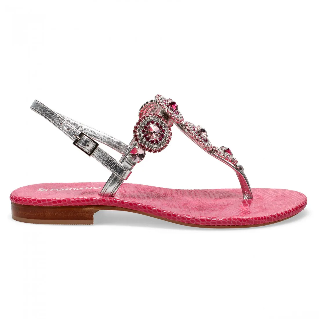 Sandali gioiello infradito Positano argento e rosa con strass