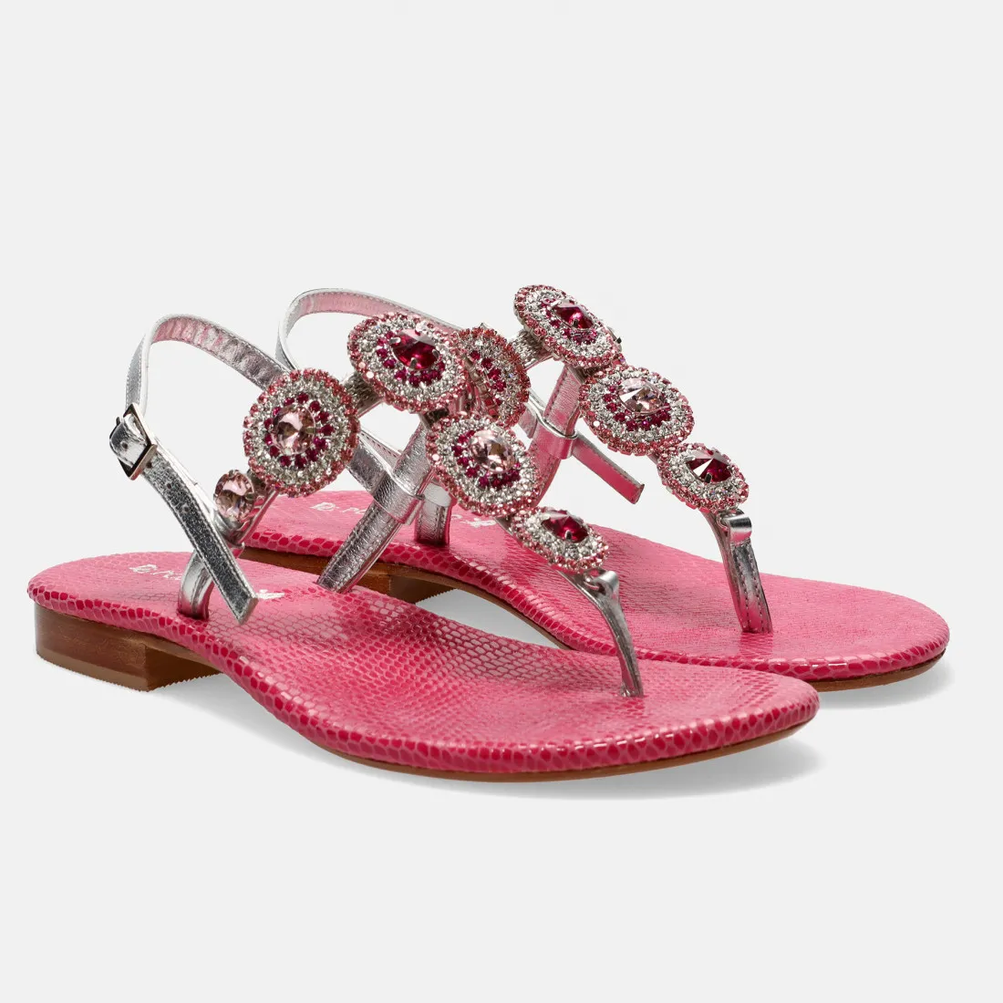 Sandali gioiello infradito Positano argento e rosa con strass