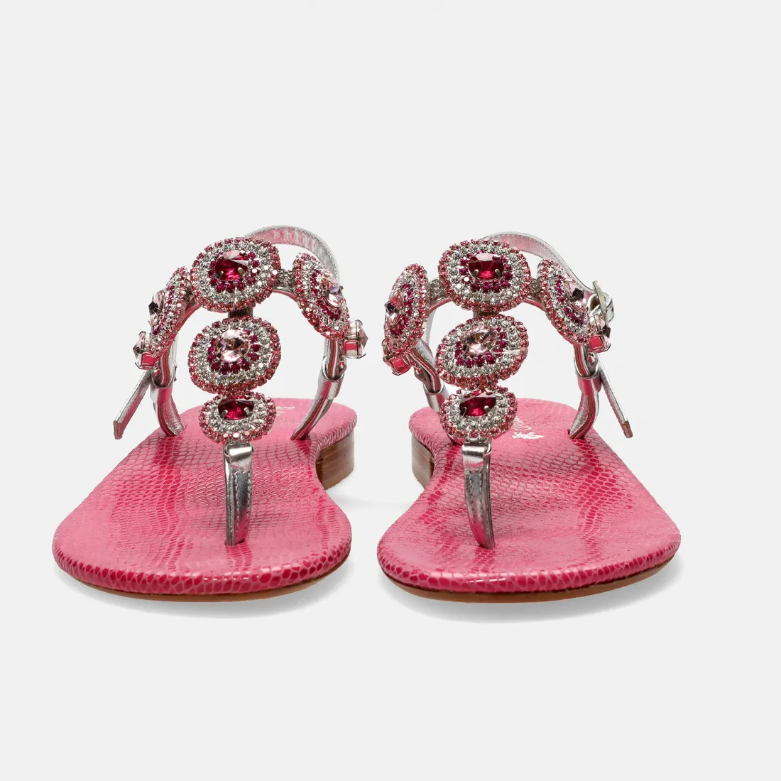 Sandali gioiello infradito Positano argento e rosa con strass