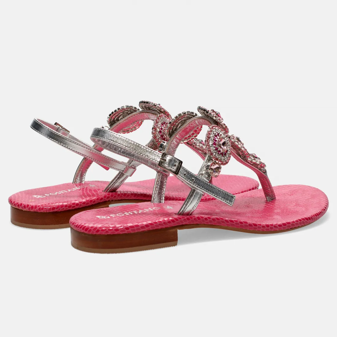 Sandali gioiello infradito Positano argento e rosa con strass