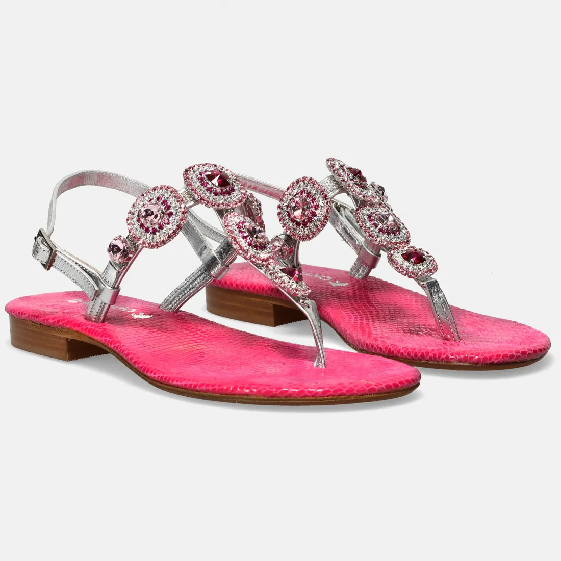 Sandali gioiello infradito Positano argento e rosa con strass