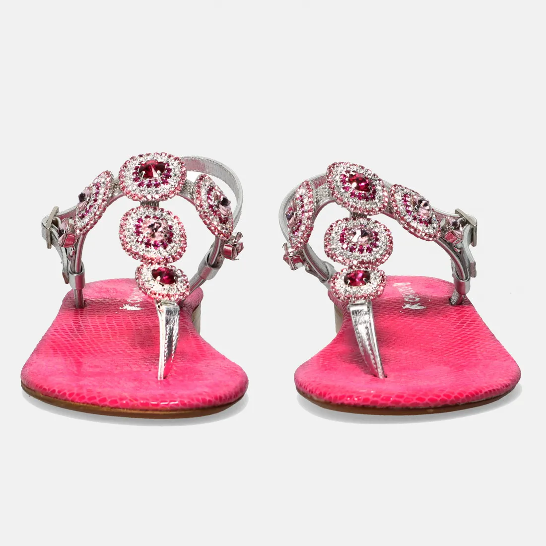 Sandali gioiello infradito Positano argento e rosa con strass