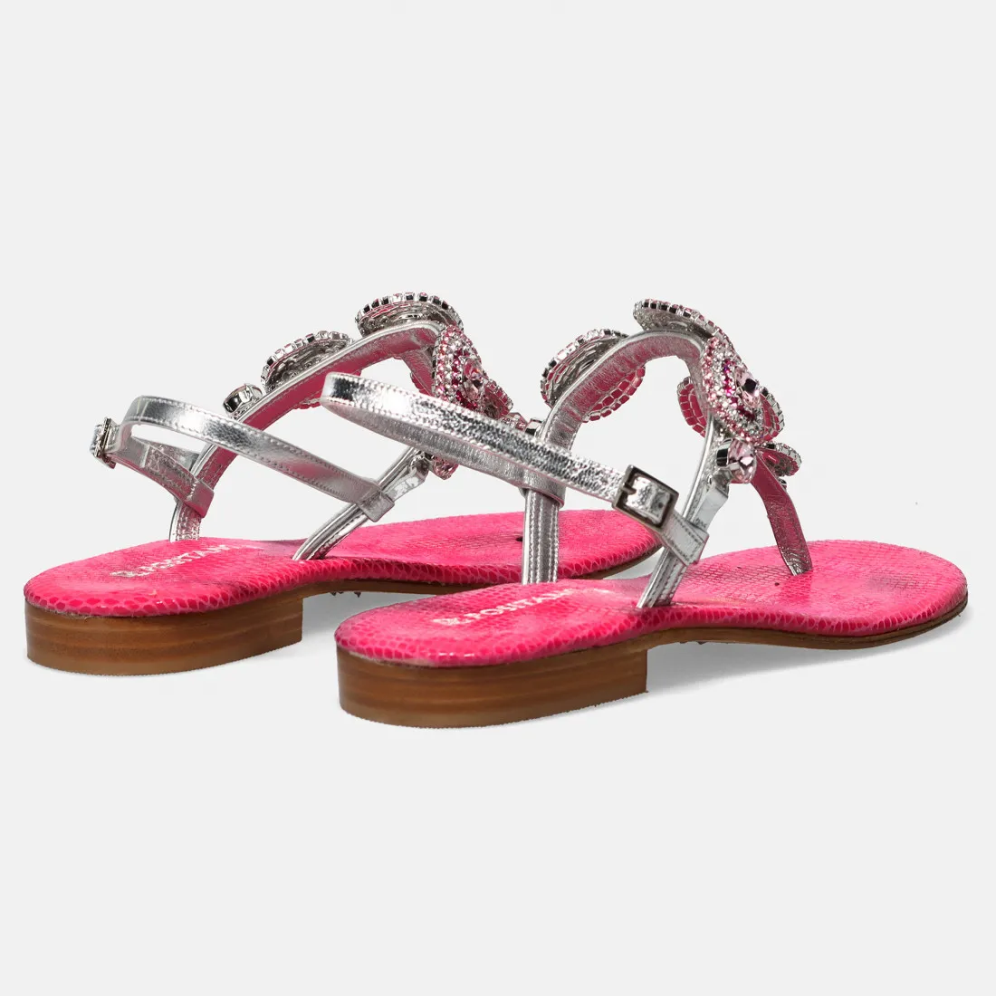 Sandali gioiello infradito Positano argento e rosa con strass