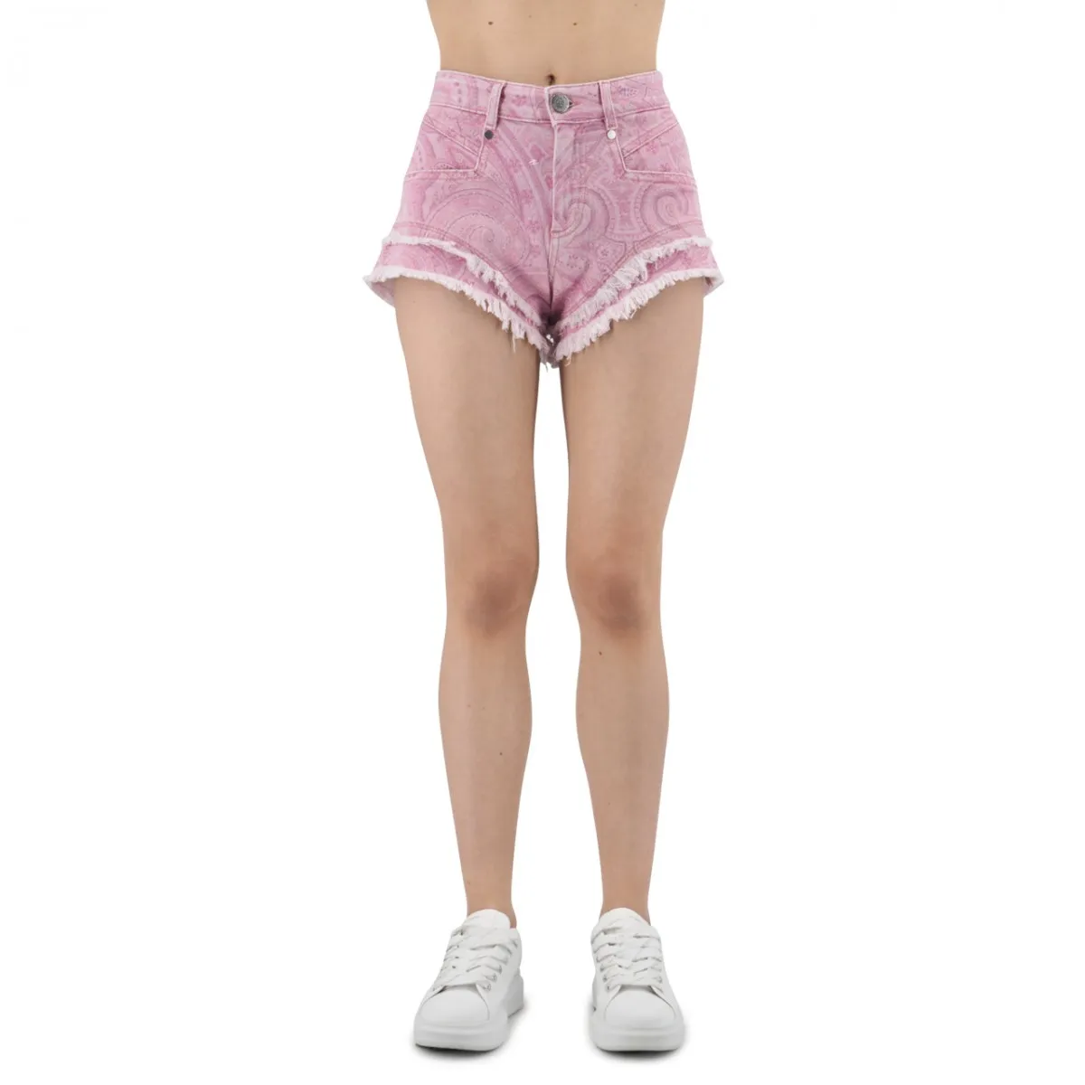 Short In Denim Stampato Con Maxi Sfrangiatura