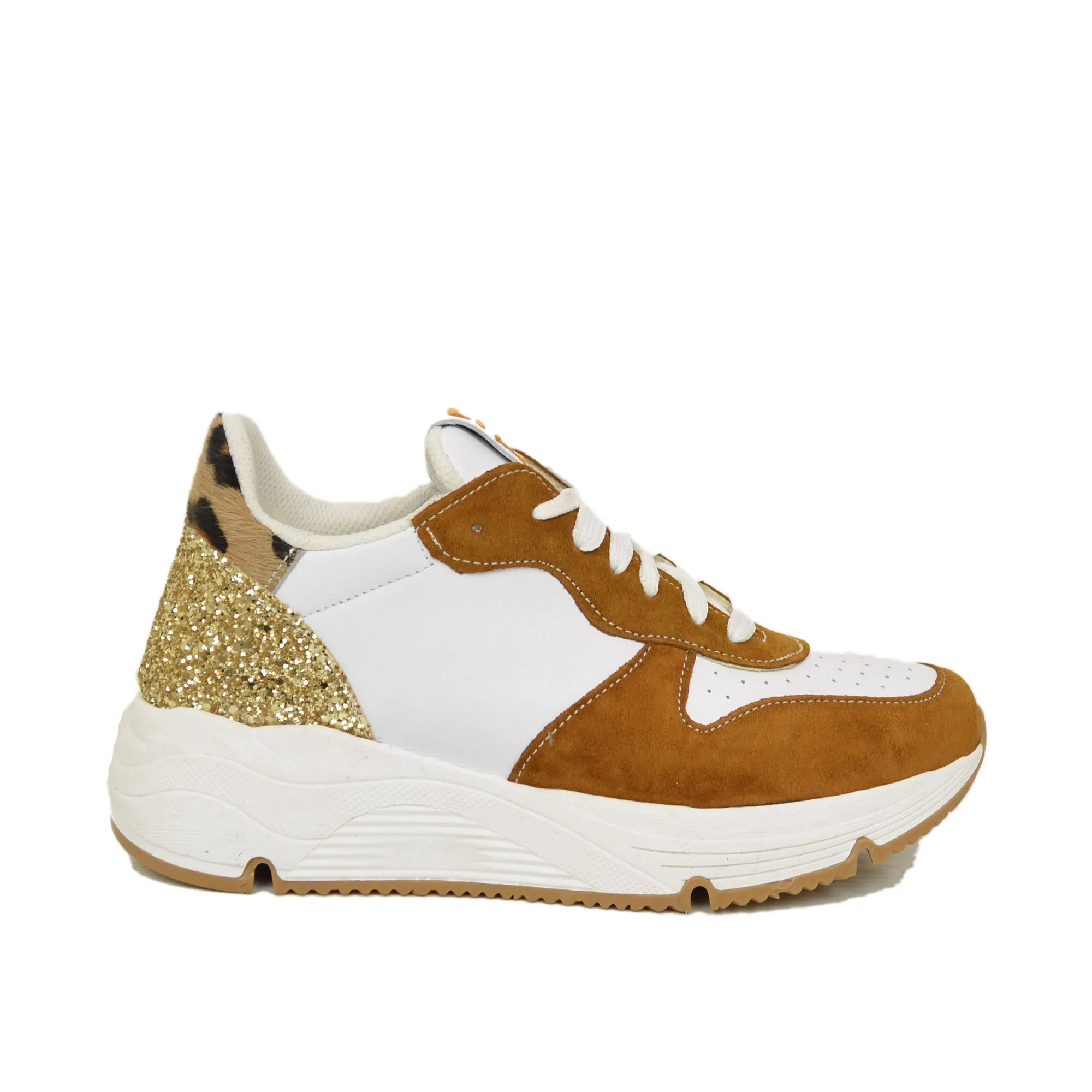 Sneakers Glitter in Pelle Scamosciata Retro Leopardato Fondo Platform