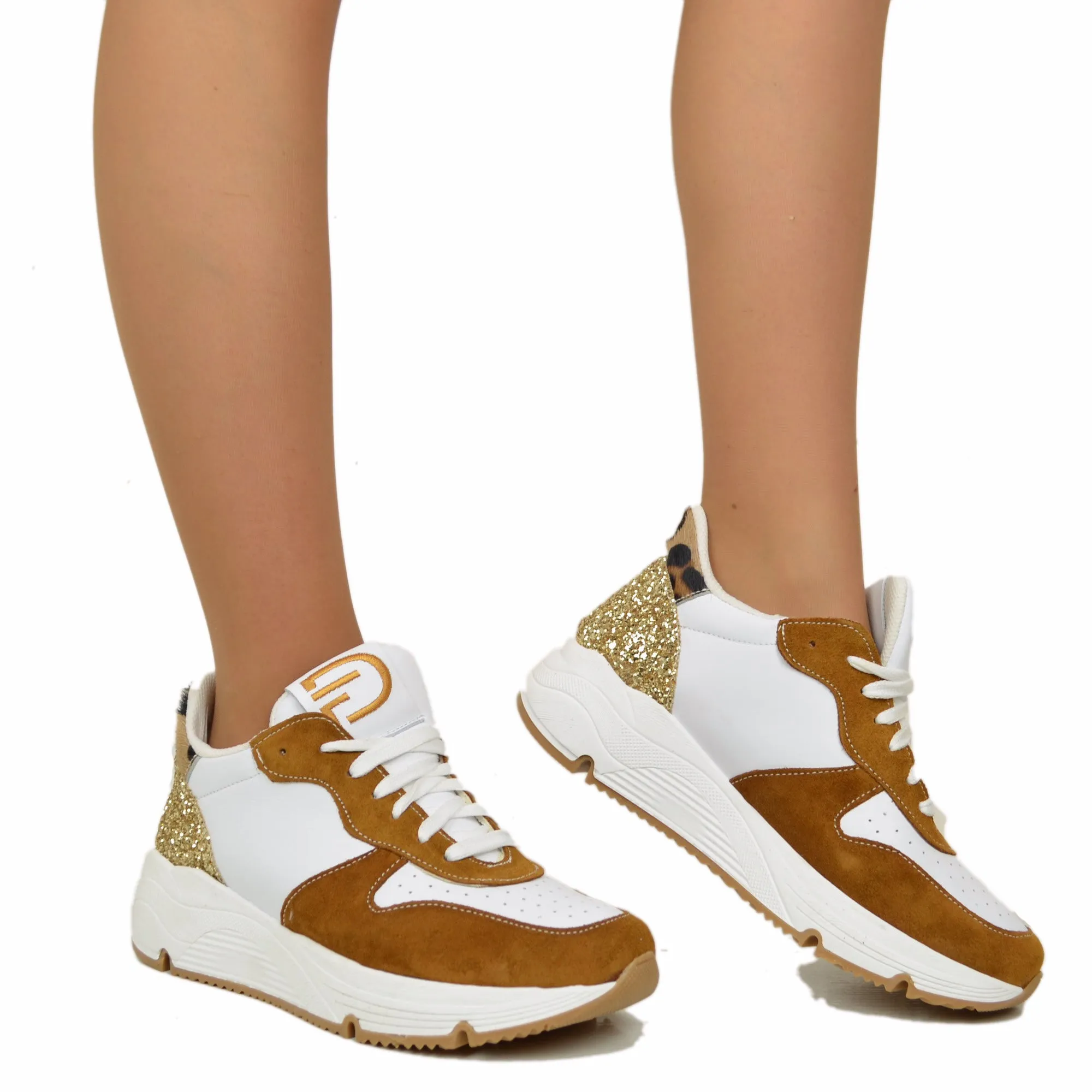 Sneakers Glitter in Pelle Scamosciata Retro Leopardato Fondo Platform