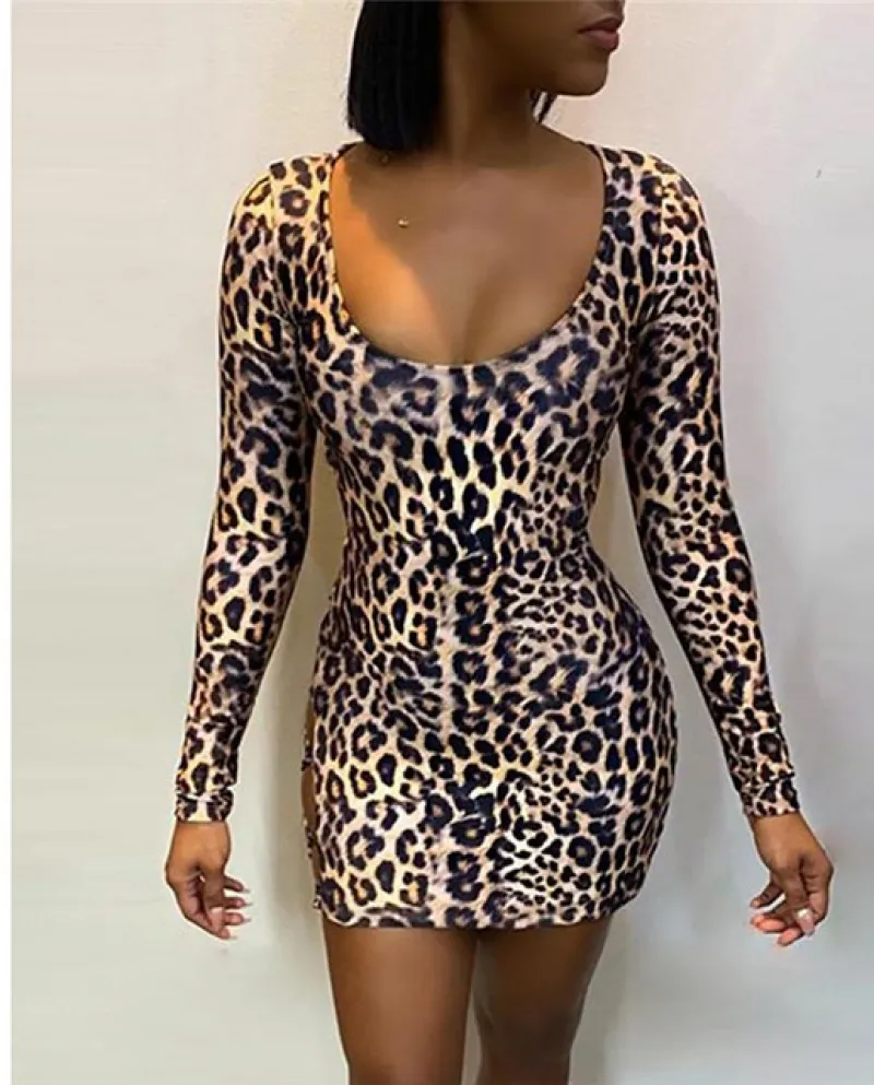 Vestito aderente aderente leopardato da donna alla moda Vestito da donna a maniche lunghe con fasciatura a maniche lunghe