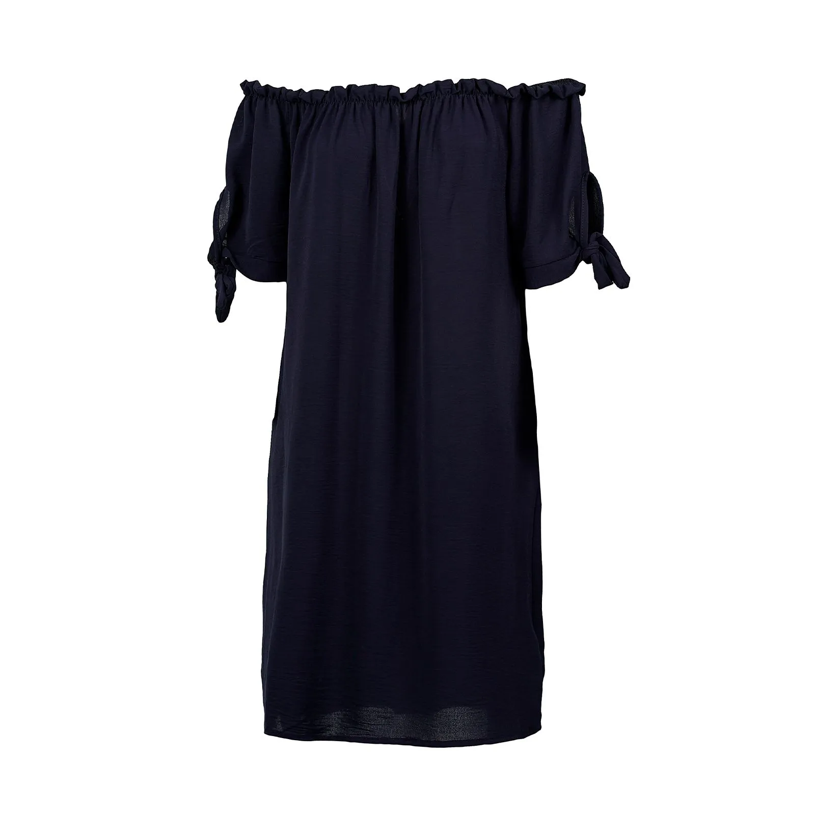 Vestito corto blu con scollo arricciato
