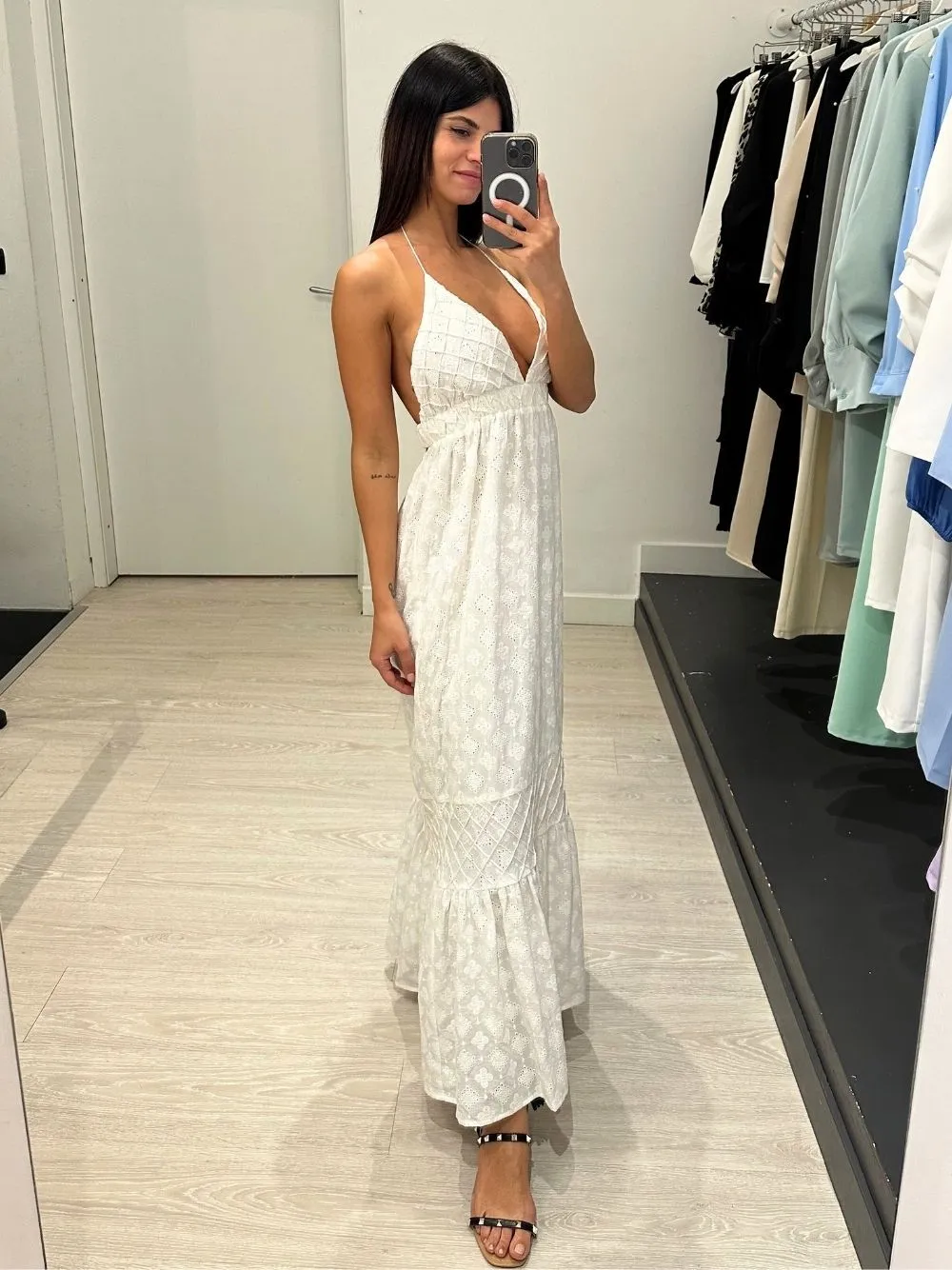 Vestito lungo pizzo macrame fascia dietro